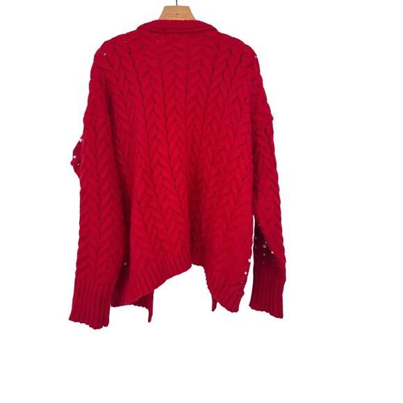 BiBi Red Beaded & Pearl Embellished Cable Knit Cardigan Sweater size XL open - Picture 5 of 7
